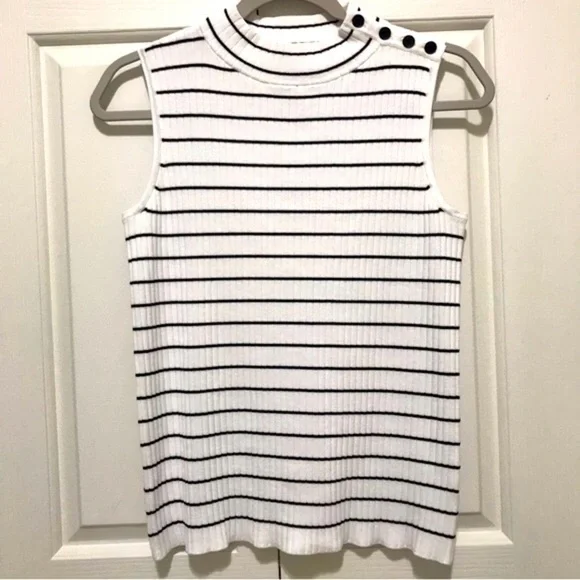 Talbots White Black Stripe Sleeveless Ribbed Mock Neck Sweater SP - Picture 3 of 14